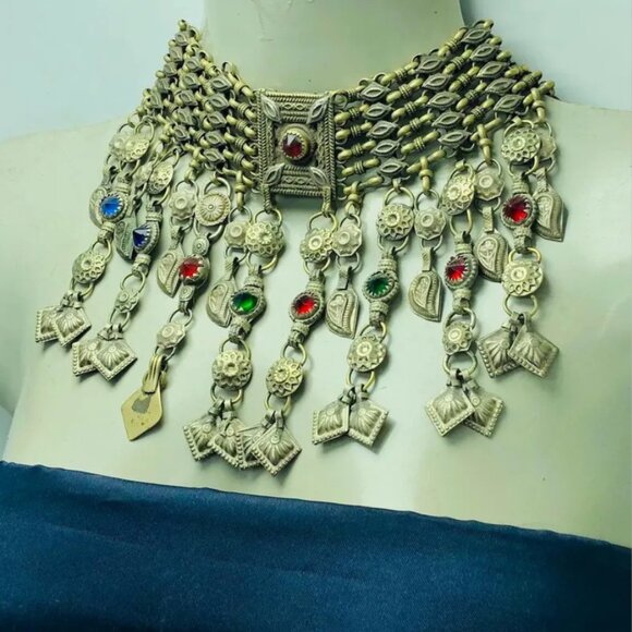 Tribal Kuchi Necklace, Dangling Tassels Vintage Choker Necklace, Boho Statement - Picture 3 of 10